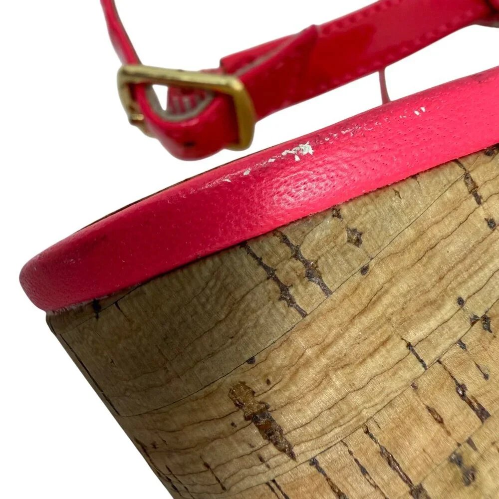 KATE SPADE Hot Pink Patent Cork Wedge Platform Sandal Strappy Heels Size 8